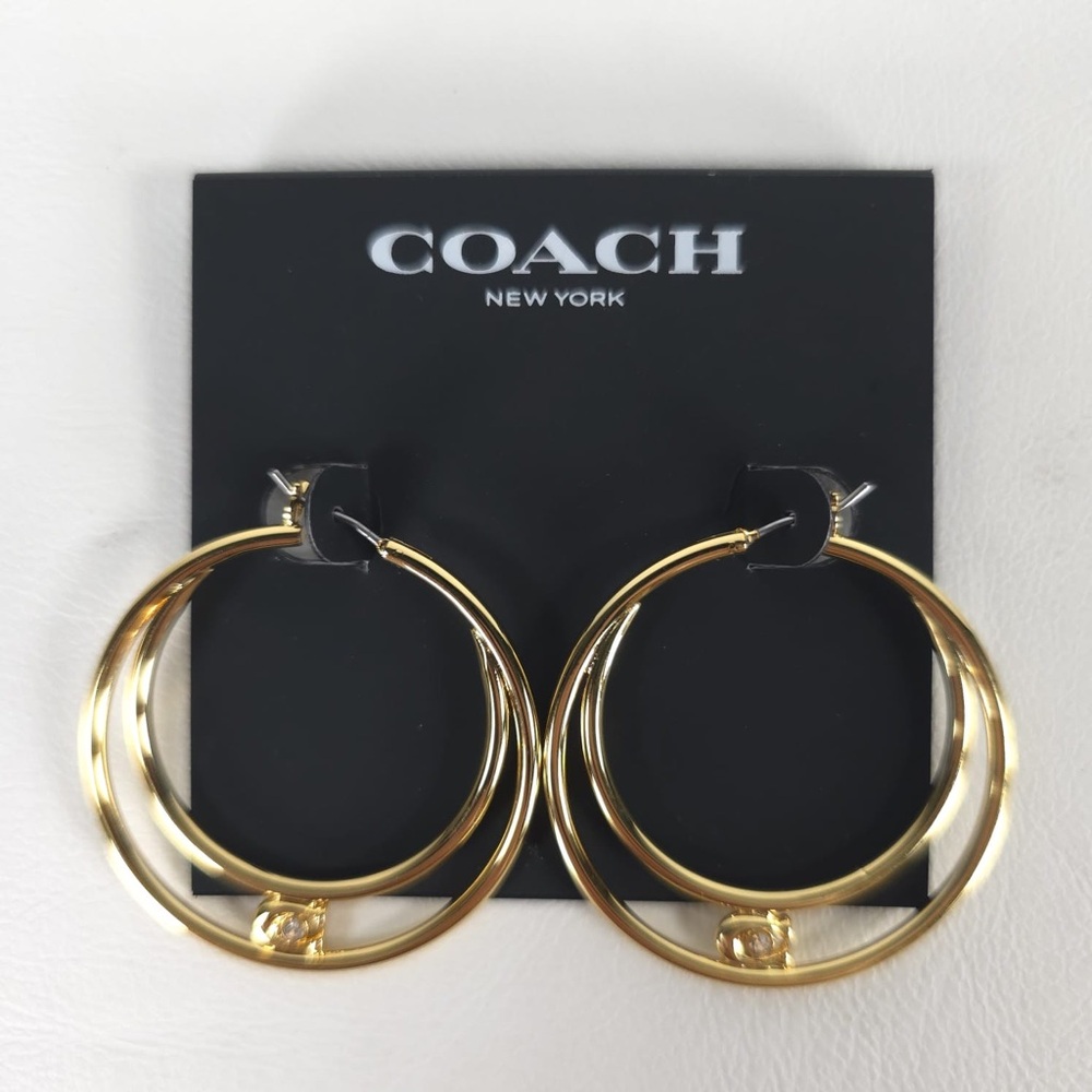NWT COACH Women's Signature Double Hoop Gold Earrings with Cubic Zirconia Detail - Picture 8 of 13